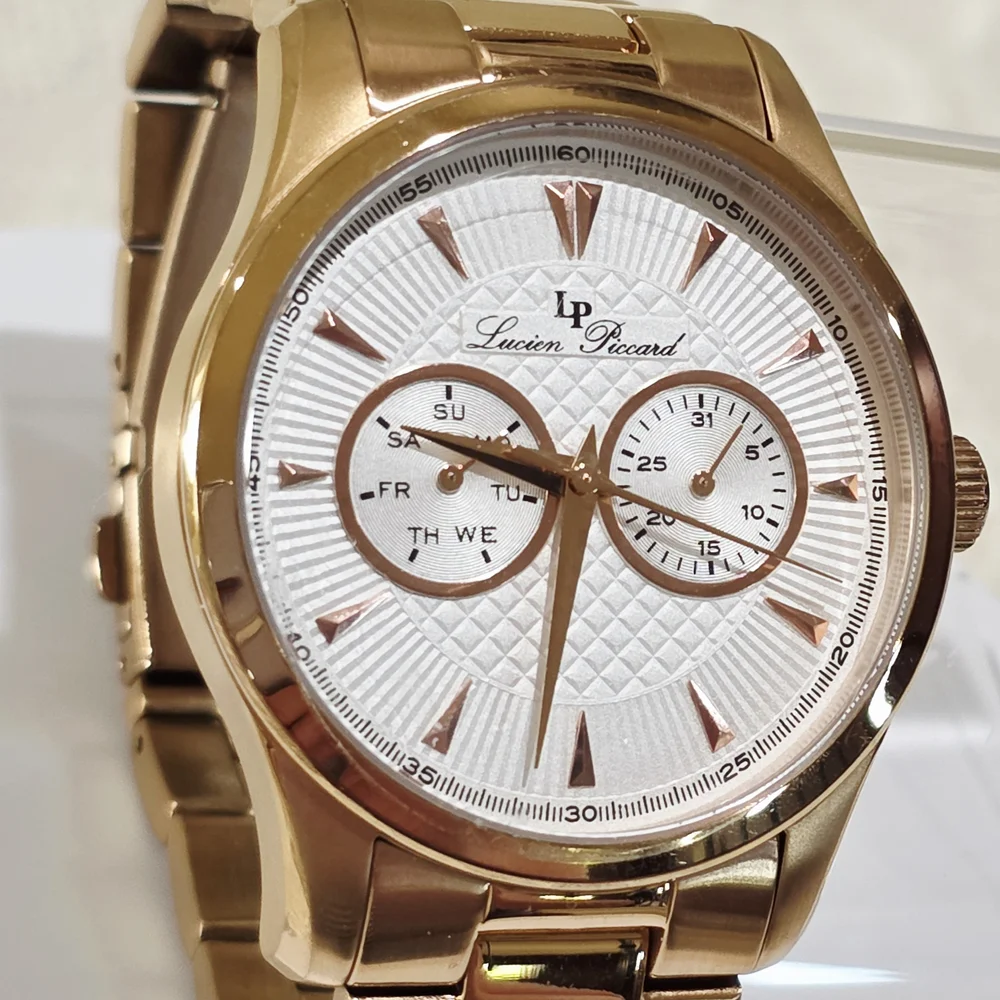 Lucien Piccard STELLAR Men's Wrist Watch Day Date Sub-Dials Rose Gold Pink